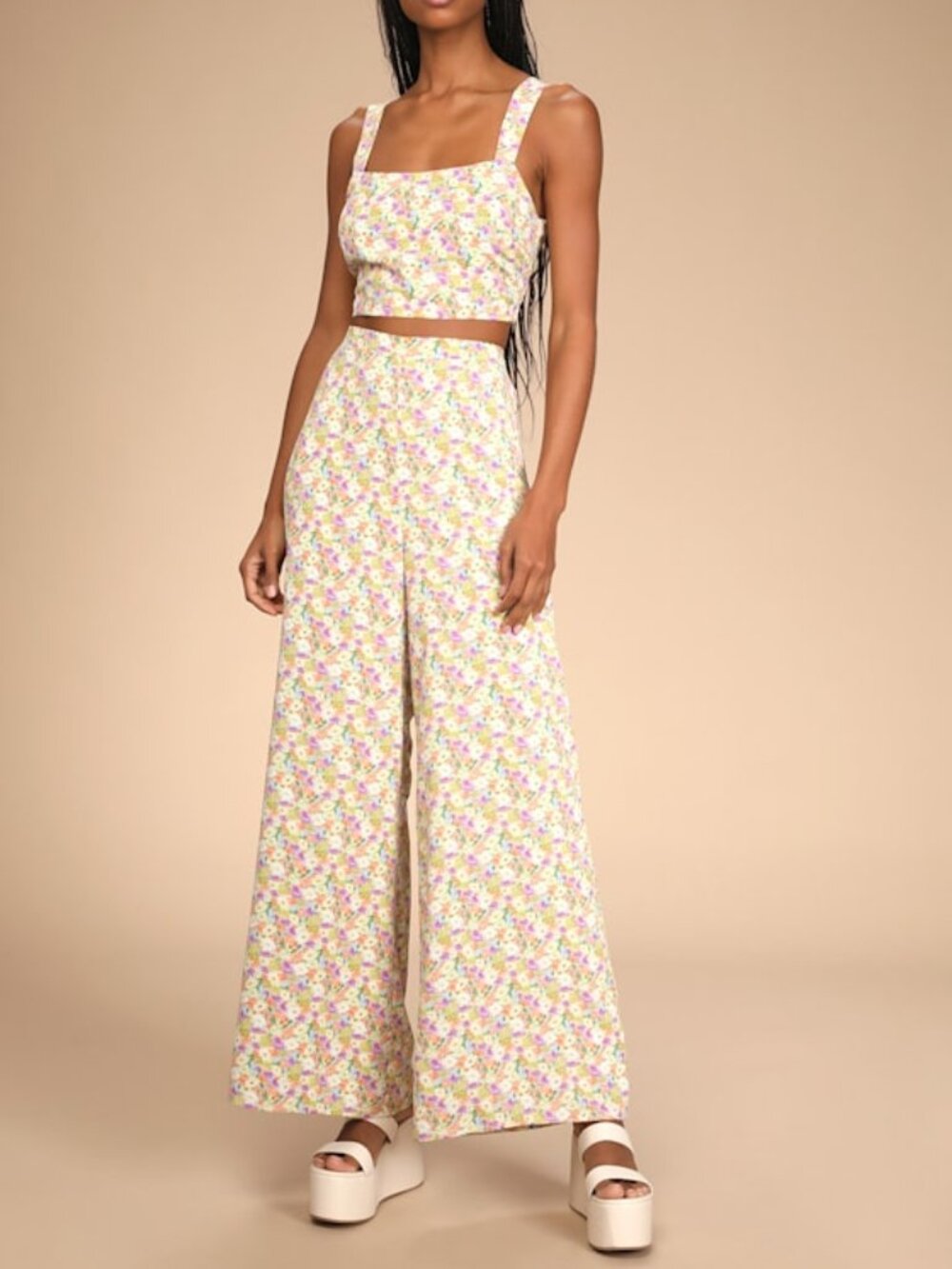 Lulus Best Dream Yellow Multi Floral Print Two-piece Wide-leg Jumpsuit - Size XS